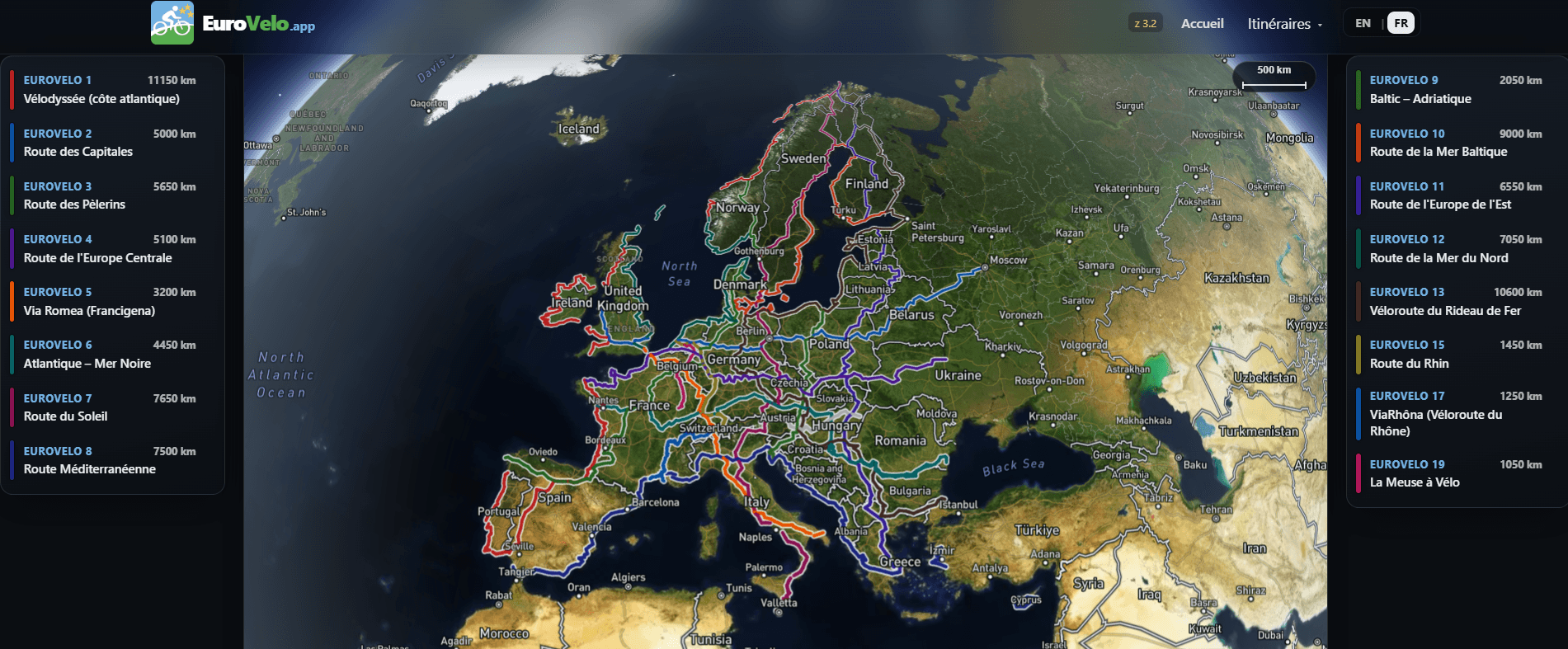 Euro Velo — Carte détaillée des 16 itinéraires cyclables EuroVelo de longue distance disponibles.