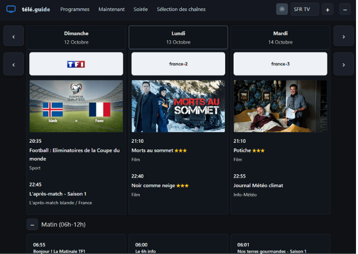 Programmes TV — Site web de programmes TV moderne et épuré, alimenté par l’API TMDB. Aucune publicité, aucun cookie — juste une expérience fluide, rapide et agréable, centrée sur le contenu.